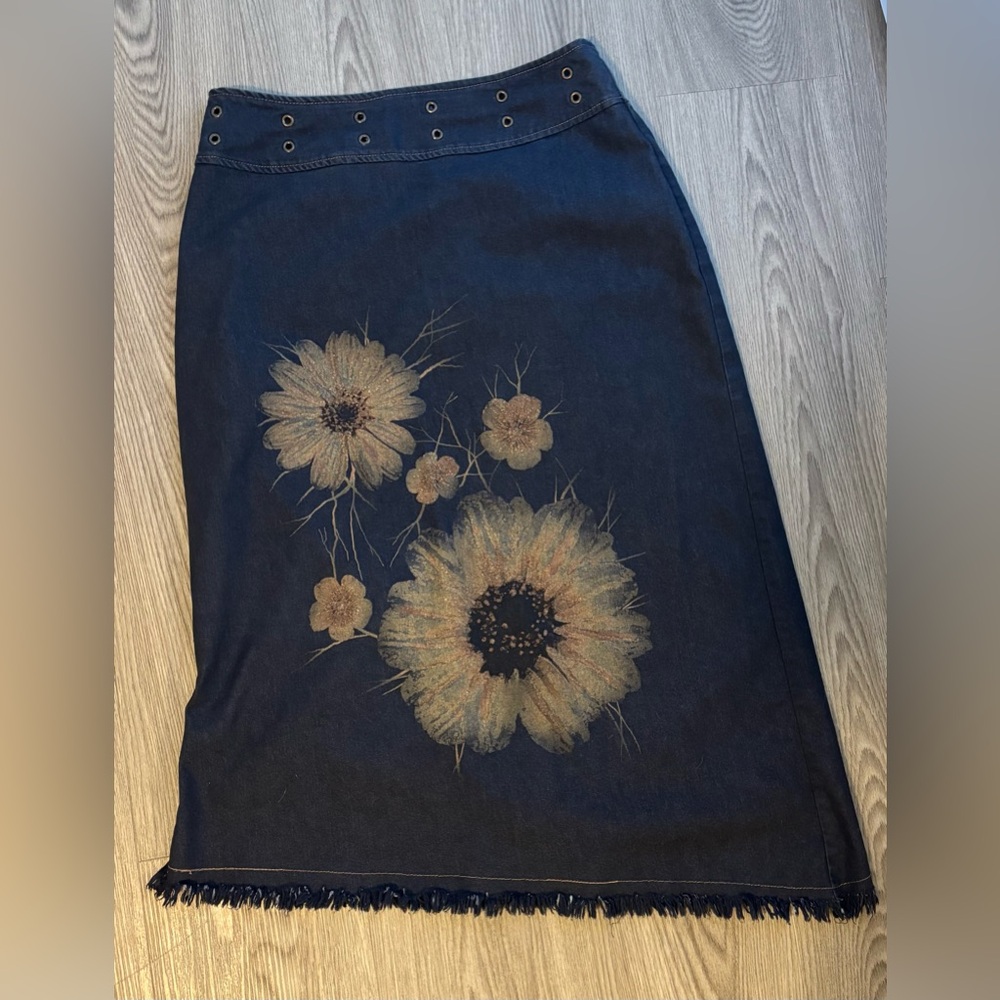 Floral Denim Midi Skirt